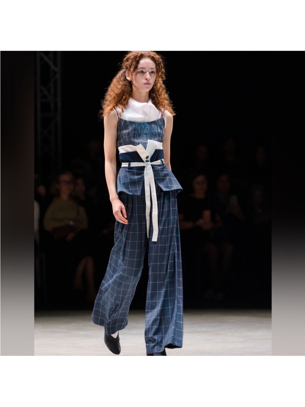Navy Windowpane High-Rise Wide-Leg Pants with Contrast Waist Tie
